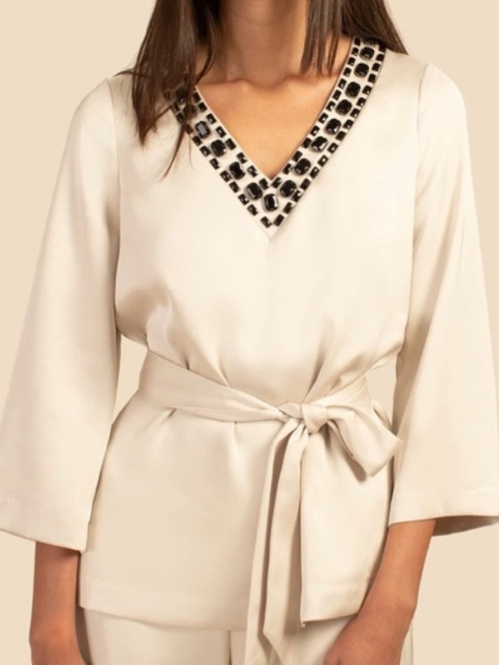 Trina Turk Cream V-Neck Tie-Waist Tunic with Embellished Trim
